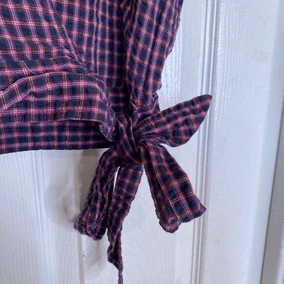 MADEWELL Flutter-Sleeve Side-Tie Wrap Top in Plaid Burnished Rose Size Medium - Picture 7 of 9